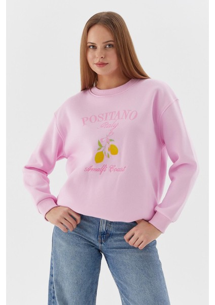 Baskılı Oversize Sweatshirt Pembe