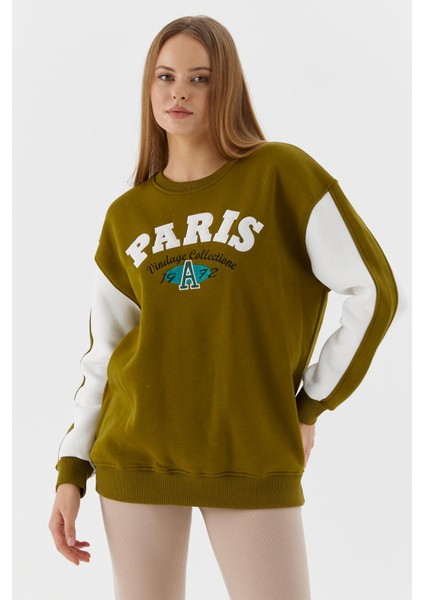 Kolları Şerit Detaylı Oversize Sweatshirt Olıve