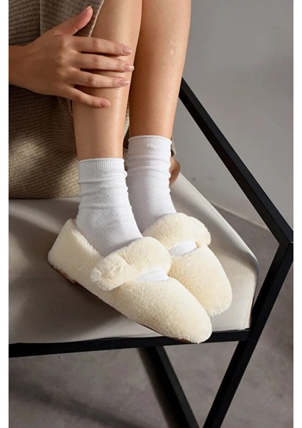 Luna Tavşan Tüyü Lastikli Kaydırmaz Taban Kadın Babet Panduf Ev Terliği