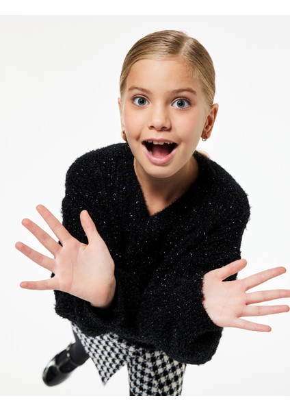 Uzun Kollu Bisiklet Yaka Parıltılı Triko Kazak