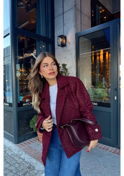 Bordo Inci Düğmeli Astarlı Yün Karışımlı Oversize Ceket
