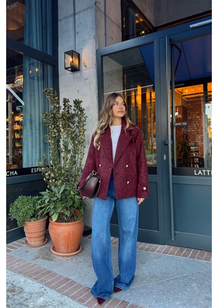 Bordo Inci Düğmeli Astarlı Yün Karışımlı Oversize Ceket fiyatları