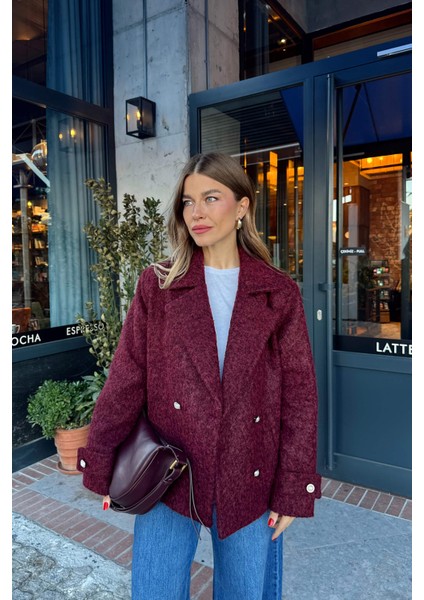 Bordo Inci Düğmeli Astarlı Yün Karışımlı Oversize Ceket modelleri