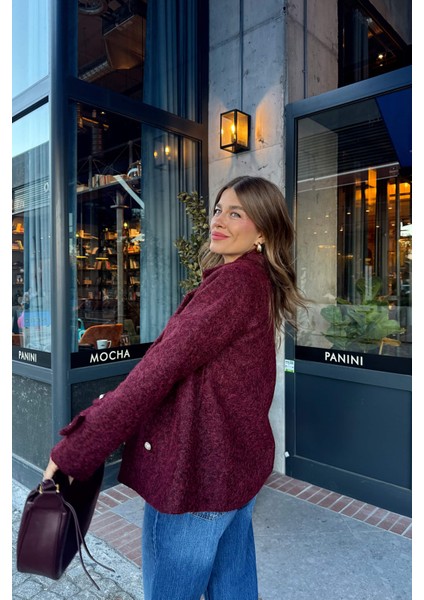 Bordo Inci Düğmeli Astarlı Yün Karışımlı Oversize Ceket fırsatları