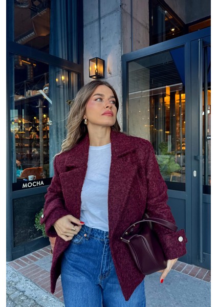 Bordo Inci Düğmeli Astarlı Yün Karışımlı Oversize Ceket indirimleri