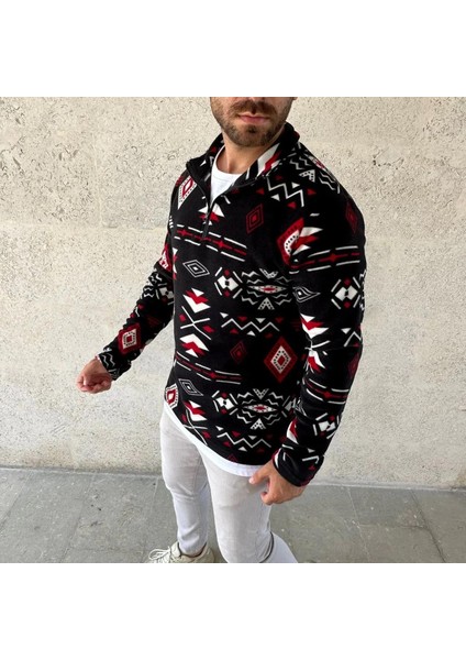 Erkek Yarım Fermuarlı Desenli Polar Sweat Tribal Etnik Desen Yakalı, Uzun Kollu, Oversize Rahat Kalıp, - Siyah fiyatları