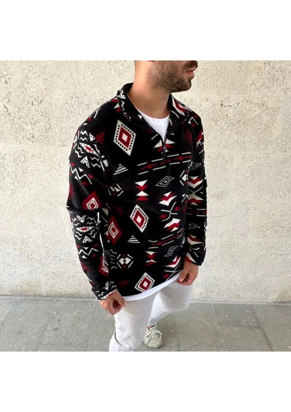 Erkek Yarım Fermuarlı Desenli Polar Sweat Tribal Etnik Desen Yakalı, Uzun Kollu, Oversize Rahat Kalıp, - Siyah fırsatları