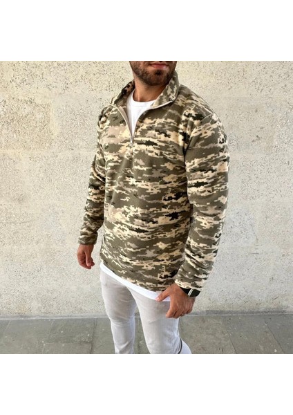 Erkek Yarım Fermuarlı Desenli Polar Sweat – Haki Kamuflaj Yakalı, Uzun Kollu, Oversize Rahat Kalıp - Haki fırsatları