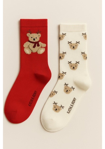 Kadın 2'li Teddy Desenli Yılbaşı Temalı Soket Çorap Kırmızı Mix