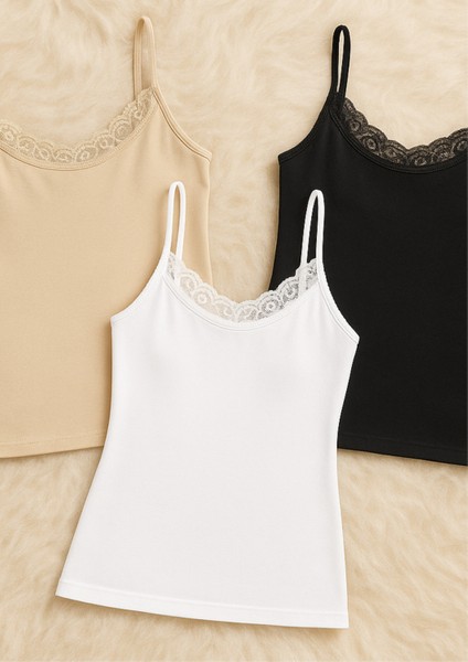 Kadın Giyim Ip Askılı Dantel Detay Modal & Pamuklu 3 Adet Siyah - Beyaz - Ten Atlet LL.K66.O042.001