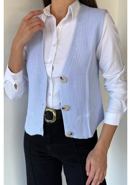 Kadın V Yaka Ön Düğmeli Triko Yelek P-00019004