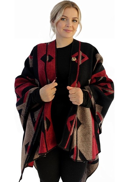 Kırmızı Bej Siyah Etnik Tasarım Desenli Tüylenmez Yünlü Sıcak Tutan Unisex Kampçı Panço Kışlık Şal fiyatları