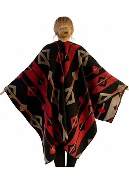 Kırmızı Bej Siyah Etnik Tasarım Desenli Tüylenmez Yünlü Sıcak Tutan Unisex Kampçı Panço Kışlık Şal modelleri