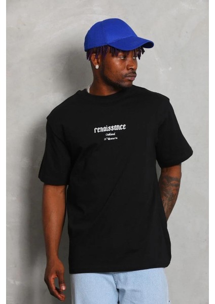 Unisex Oversize Baskılı Bisiklet Yaka T-Shirt - Siyah