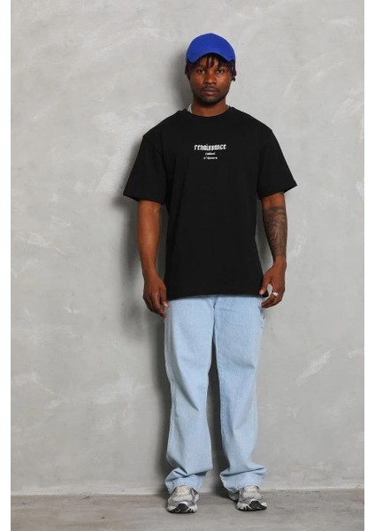 Unisex Oversize Baskılı Bisiklet Yaka T-Shirt - Siyah modelleri