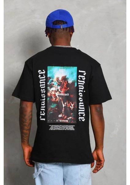 Unisex Oversize Baskılı Bisiklet Yaka T-Shirt - Siyah indirimleri