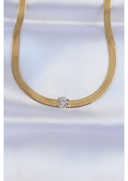 316L Çelik Gold Renk Tek Zirkon Taşlı Italyan Zincir Kolye - TJ-BKO8747