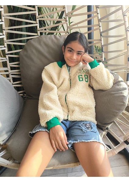 erkek Kız Çocuk Peluş Polar Fermuarlı Cepli Kolej Mont Bej-Yeşil, !!! Dar Kalıp