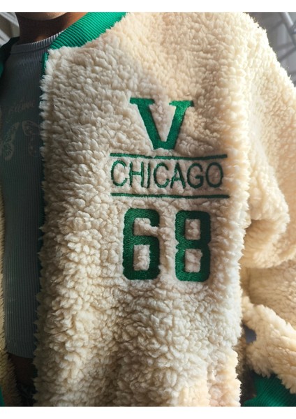 erkek Kız Çocuk Peluş Polar Fermuarlı Cepli Kolej Mont Bej-Yeşil, !!! Dar Kalıp