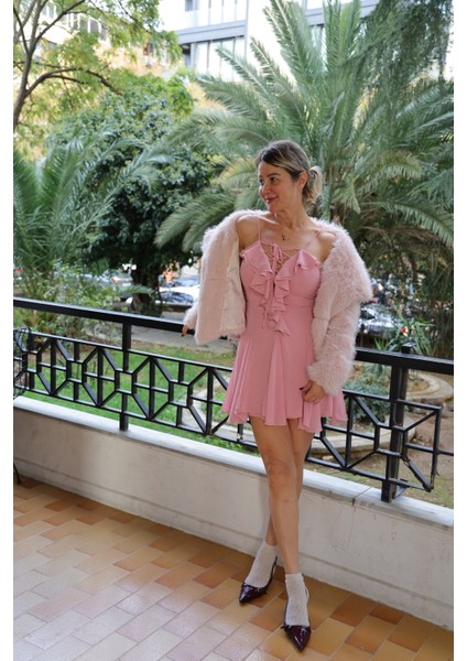 Pembe Şifon Fırfırlı Asılı Mini Elbise