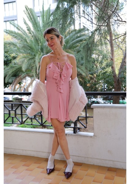 Pembe Şifon Fırfırlı Asılı Mini Elbise modelleri