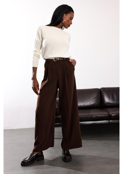 Kahverengi Yüksek Bel Palazzo Pantolon 1594 modelleri