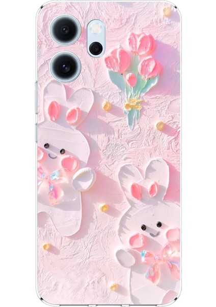 Oppo Reno 14F Uyumlu Sevimli Tavşanlar Baskılı Silikon Kılıf
