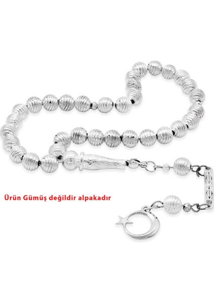 Helezon Tasarım Kalem Işçilikli Ayyıldız Püsküllü Küre Kesim Gümüş Renk Alpaka Tesbih