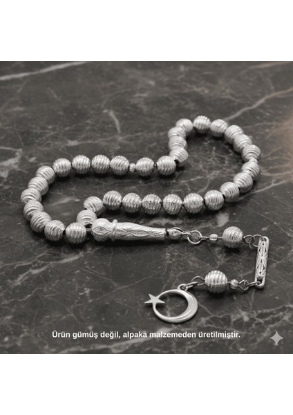 Helezon Tasarım Kalem Işçilikli Ayyıldız Püsküllü Küre Kesim Gümüş Renk Alpaka Tesbih modelleri