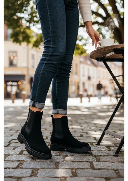 Zarif Nubuk Siyah Lastikli Kauçuk Taban Kadın Bot