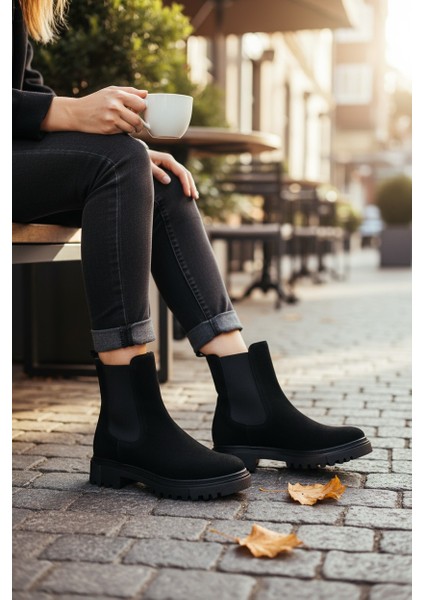 Zarif Nubuk Siyah Lastikli Kauçuk Taban Kadın Bot modelleri