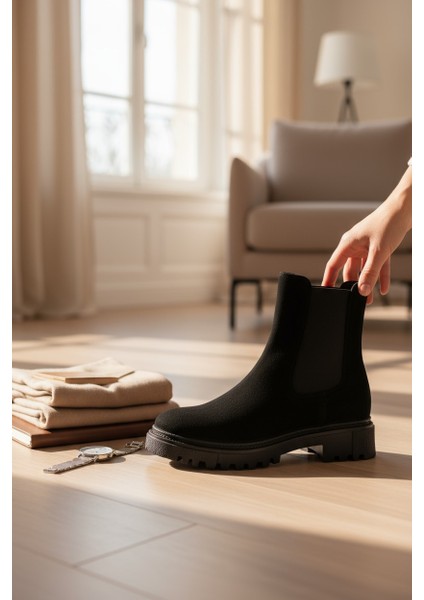 Zarif Nubuk Siyah Lastikli Kauçuk Taban Kadın Bot fırsatları