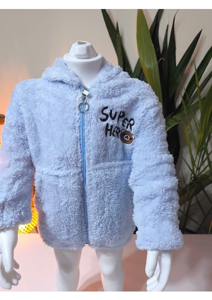 erkek Kız Çocuk Unisex Peluş Polar Hırka Kapşonlu Fermuarlı Cepli Mavi, Koyu Mavi !!!dar Kalıp fiyatları