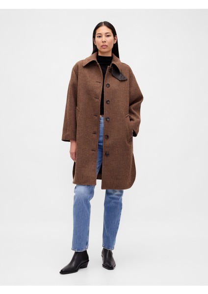 Kadın Kahverengi Yün Karışımlı Houndstooth Car Kaban