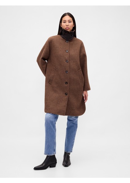 Kadın Kahverengi Yün Karışımlı Houndstooth Car Kaban indirimleri