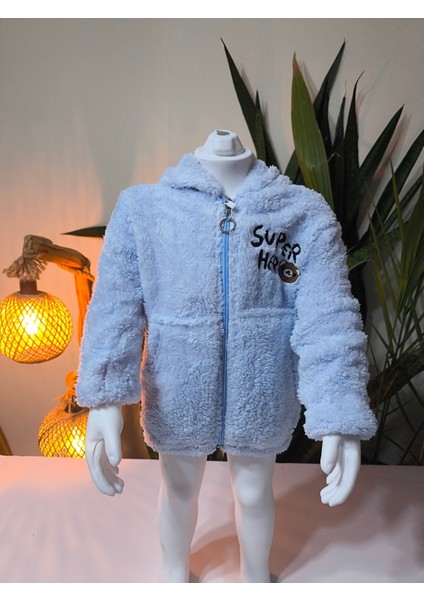 erkek Kız Çocuk Unisex Peluş Polar Hırka Kapşonlu Fermuarlı Cepli Mavi, Koyu Mavi !!!dar Kalıp fırsatları
