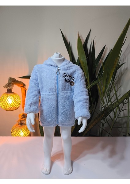 erkek Kız Çocuk Unisex Peluş Polar Hırka Kapşonlu Fermuarlı Cepli Mavi, Koyu Mavi !!!dar Kalıp indirimleri