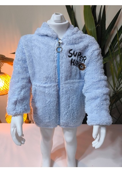 erkek Kız Çocuk Unisex Peluş Polar Hırka Kapşonlu Fermuarlı Cepli Mavi, Koyu Mavi !!!dar Kalıp