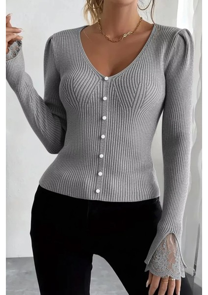 Kol Güpür Detaylı V Yaka Triko Bluz P-00018358