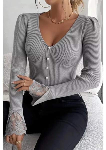 Kol Güpür Detaylı V Yaka Triko Bluz P-00018358 fiyatları