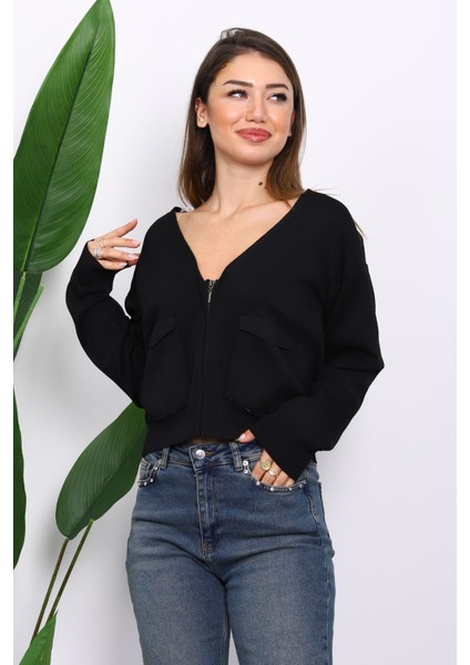 Siyah Çift Cepli Fermuarlı Triko Hırka