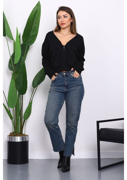 Siyah Çift Cepli Fermuarlı Triko Hırka fiyatları