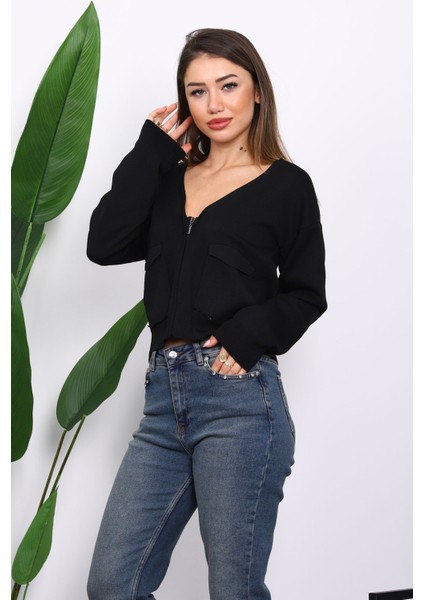 Siyah Çift Cepli Fermuarlı Triko Hırka modelleri