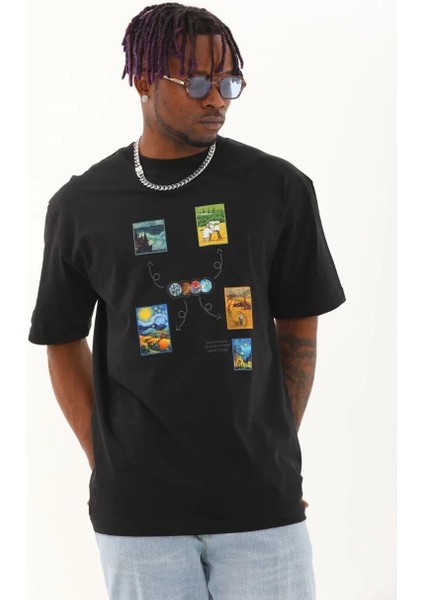 Unisex Oversize Baskılı Bisiklet Yaka T-Shirt - Siyah modelleri