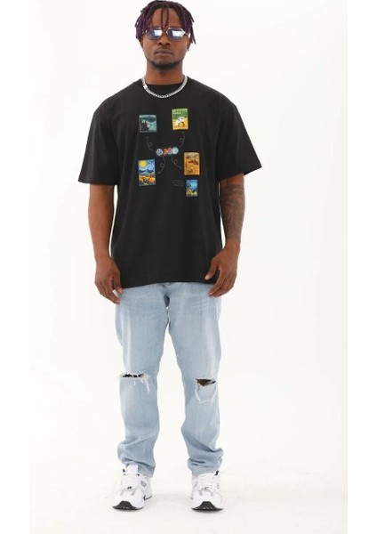 Unisex Oversize Baskılı Bisiklet Yaka T-Shirt - Siyah fırsatları