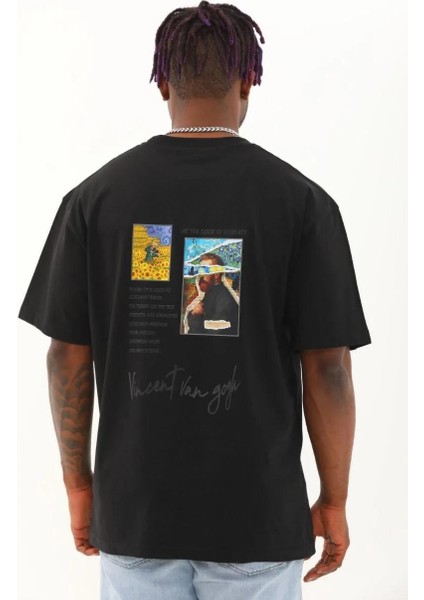 Unisex Oversize Baskılı Bisiklet Yaka T-Shirt - Siyah indirimleri