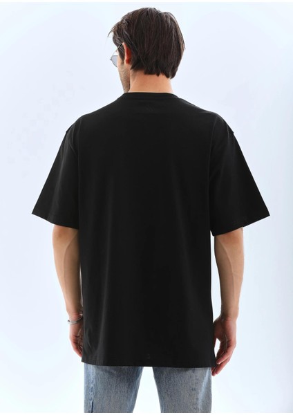 Unisex Oversize Taşlı Bisiklet Yaka T-Shirt - Siyah fiyatları