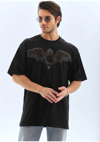 Unisex Oversize Taşlı Bisiklet Yaka T-Shirt - Siyah fırsatları