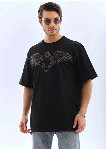 Unisex Oversize Taşlı Bisiklet Yaka T-Shirt - Siyah