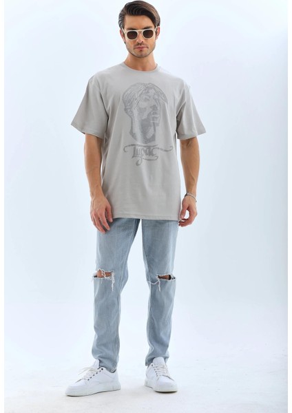 Unisex Oversize Taşlı Bisiklet Yaka T-Shirt - Gri